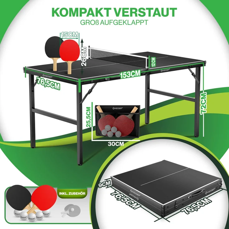 KESSER® Tischtennisplatte Mini mit Tischtennisschläger-Set, Tischtennisbällen und TT-Netz | Indoor | Unterwegs, laminierte Platte + klappbar – Kofferdesign, Kinder und Erwachsene – 153 x 76,5 cm Schwarz / Schwarz – Bild 6