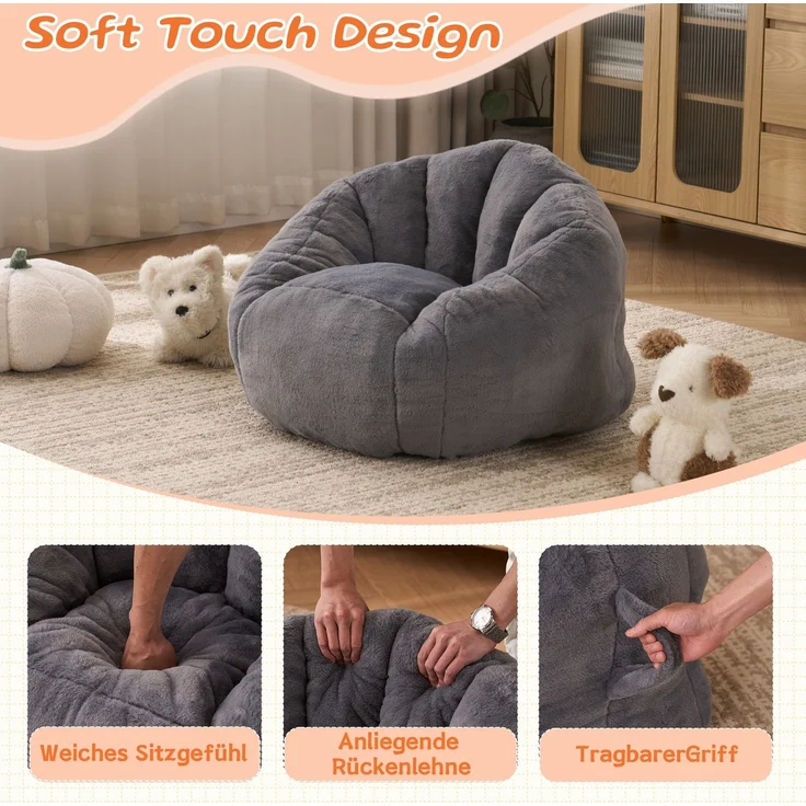 1-Sitzer Sitzsack aus Polyester in Grau, weich gepolstert und kindgerecht geformt,H 52 x T 75 x B 70 cm – Bild 7