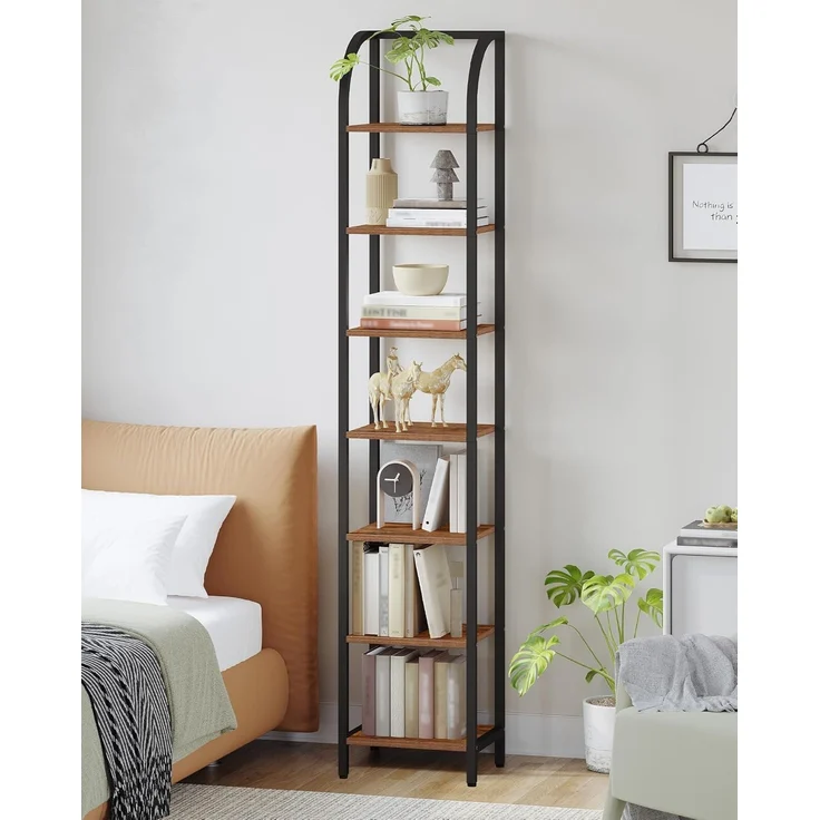 Regal, Bücherregal, 7 Ebenen Standregal, DVD-Regal, Schmale Regale, Industriestil Büroregal, Metallrahmen für Wohnzimmer, Schlafzimmer, Küche, Vintagebraun-Schwarz – Bild 8