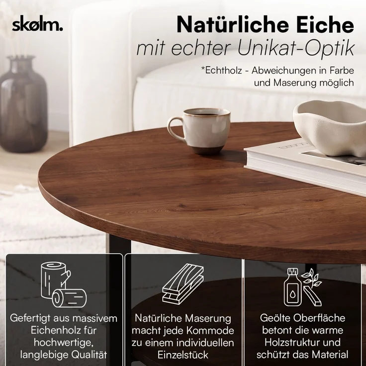 skølm 'Drakkar' Couchtisch rund, Massivholz Eiche, lackiert, Walnussoptik, Wohnzimmertisch Ø70 cm mit Metallgestell, Beistelltisch für Wohnzimmer mit Ablage – Bild 3
