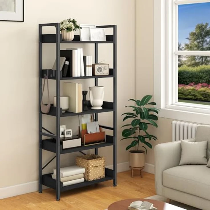 YITAHOME Bücherregal 5 Etagen, Offen Stehend Bücherregal, Hoch Schmal mit 4 Haken Industrielles Lagerregal für Wohnzimmer, Heimbüro, Schwarz – Bild 2