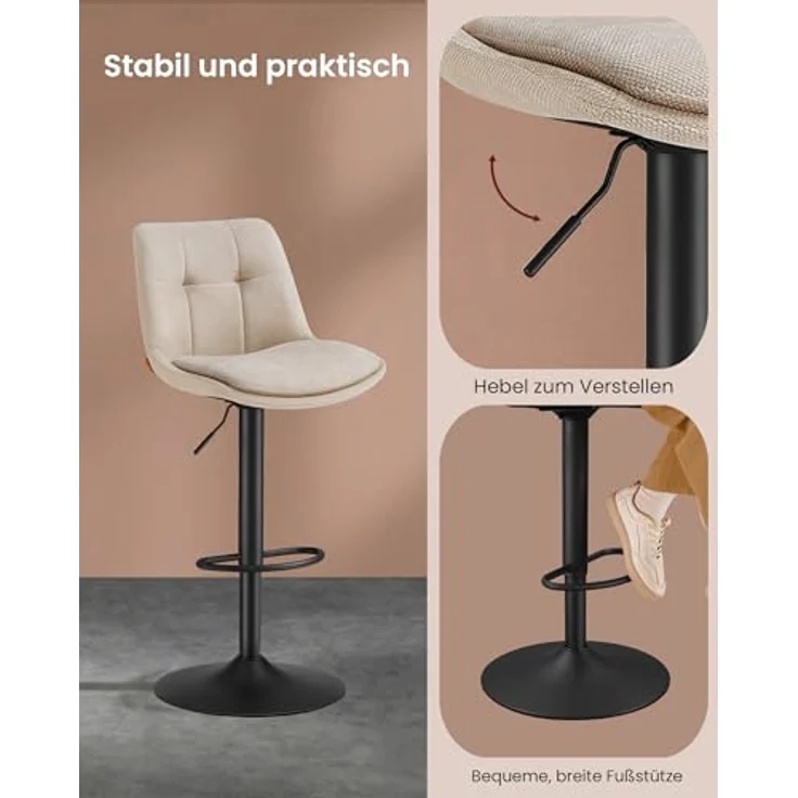 VASAGLE Barhocker 4er Set, Barstühle höhenverstellbar, drehbare Küchenhocker, mit Rückenlehne und Fußstütze, Esszimmer, Theke, Stahl, cremeweiß LJB495W02 – Bild 7