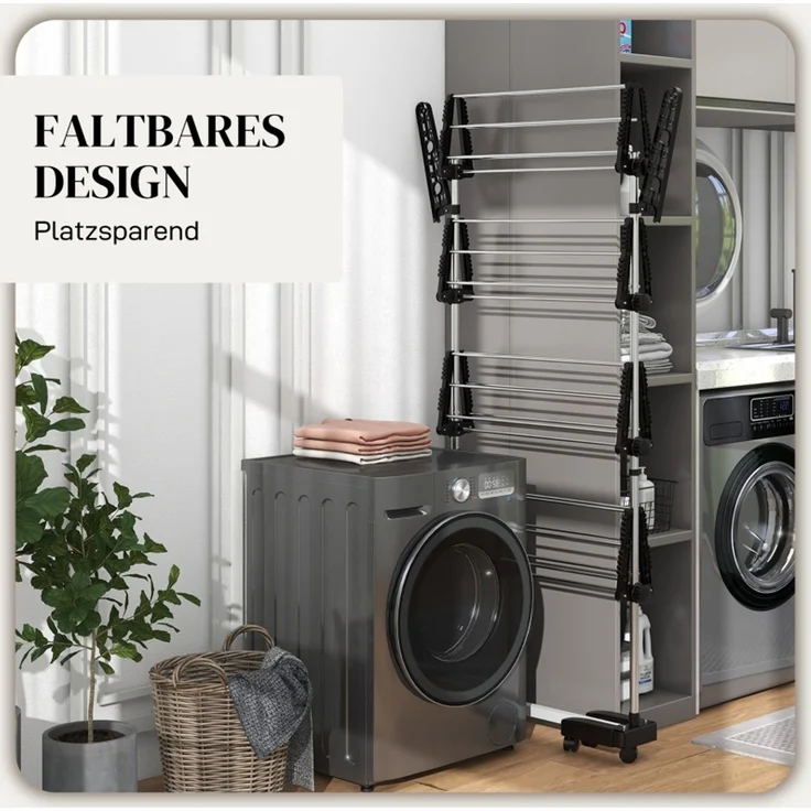 Faumrta Wäschenständer Wäschetrockner 5 Ebenen, klappbar, One-Klick-System, 142 cm x 55 cm x1 72 cm, Schwarz + Silber142CM*55CM*172CMSchwarzStainless Steel – Bild 6