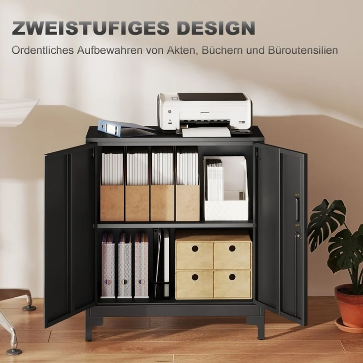Büroschrank aus Metall, verschließbare Türen, Bürokommode, 2-stufiges Design, Schwarz--Schwarz--80x35x91cm--YOUDENOVA – Bild 4