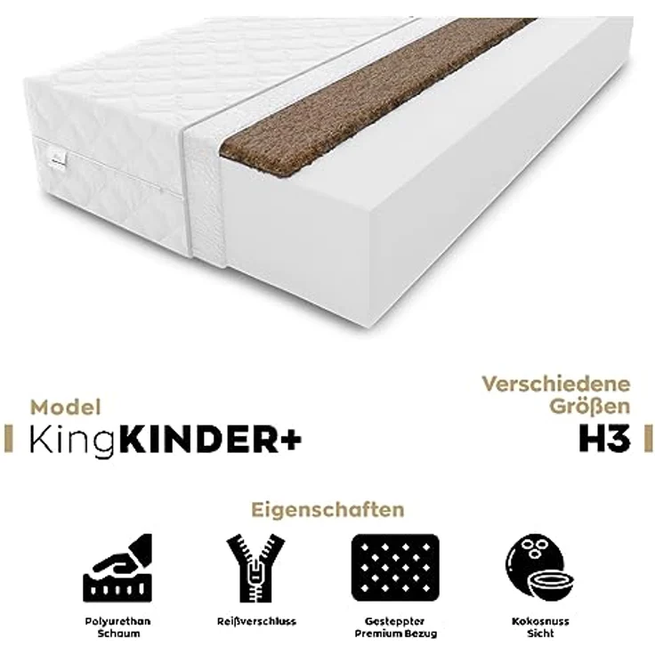 Kaltschaummatratze KingKINDER PLUS 140x200x12cm aus hochwertigem Kaltschaum, KingMatratzen, 12 cm hoch, Rollmatratze mit waschbarem Bezug und Kokosmatte – Bild 5
