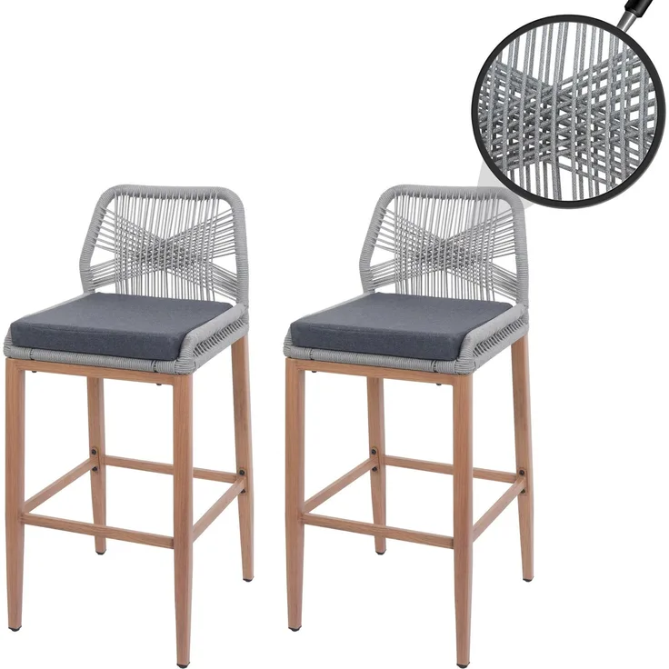 2er-Set Rope-Barhocker HWC-O21, Outdoor Sitzpolster Seilgeflecht Metall Holz-Optik ~ hellgrau, Kissen dunkelgrau