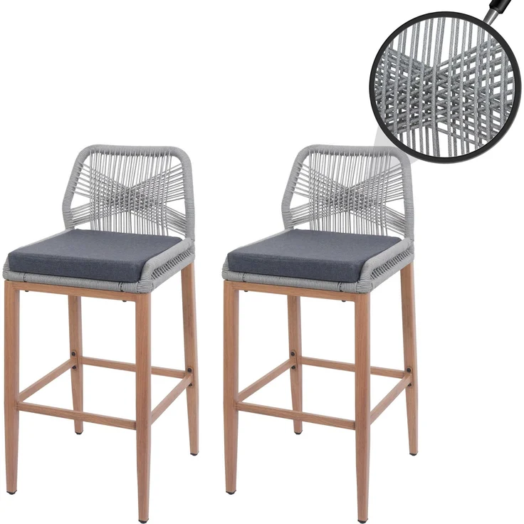 2er-Set Rope-Barhocker HWC-O21, Outdoor Sitzpolster Seilgeflecht Metall Holz-Optik ~ hellgrau, Kissen dunkelgrau – Bild 1
