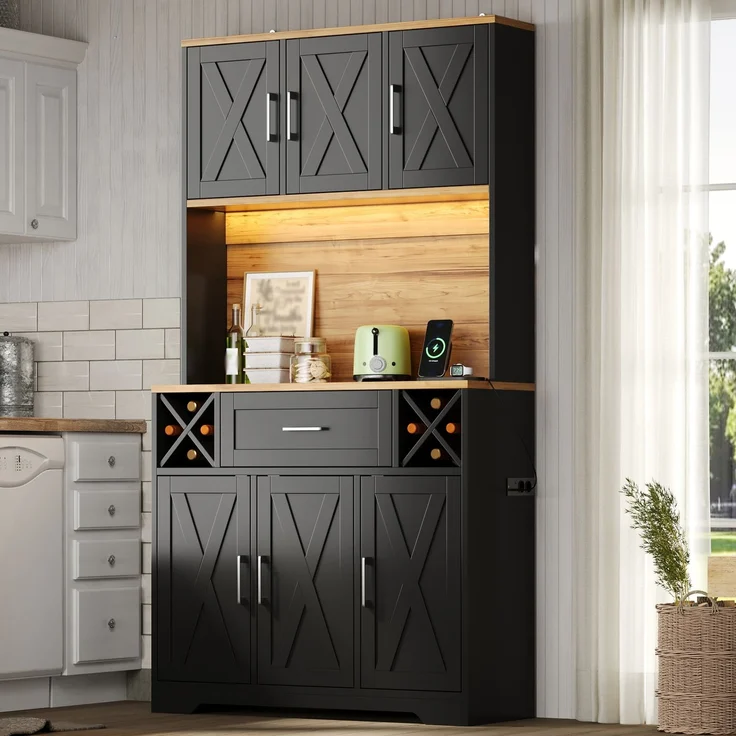 Küchenschrank, hoher Stauraumschrank mit LED-Beleuchtung, Vorratsschrank mit Weinregalen, Weinschrank & Vitrinenschrank für Wohnzimmer und Esszimmer, 180 × 105 × 40 cm--Natur1 + Schwarz--105x40x180cm--YOUDENOVA – Bild 3