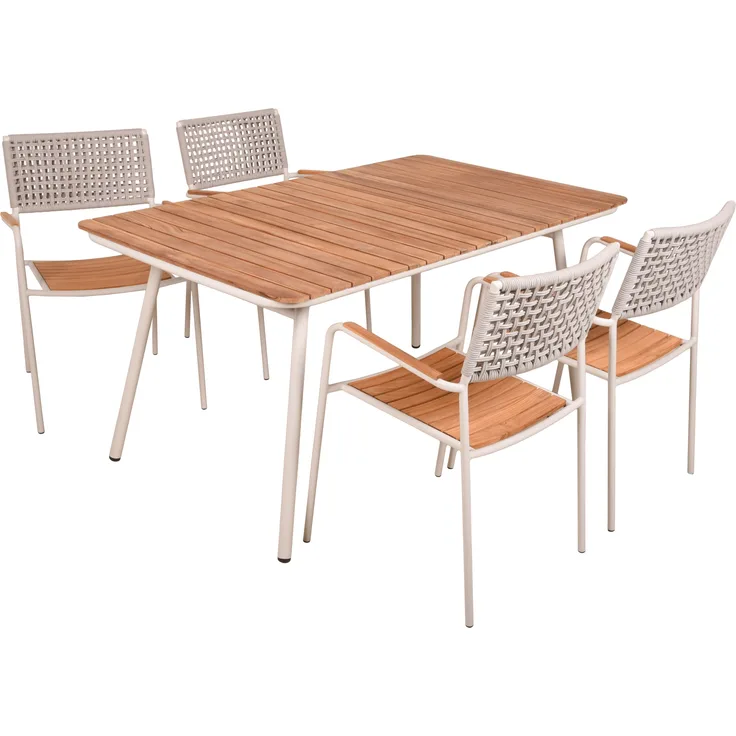Garten-Sitzgruppe LOTTE 5-tlg. - Teak, Cremeweiß | Gartenmöbel-Set Gartengarnitur Garten-Essgruppe mit Stühlen und Esstisch