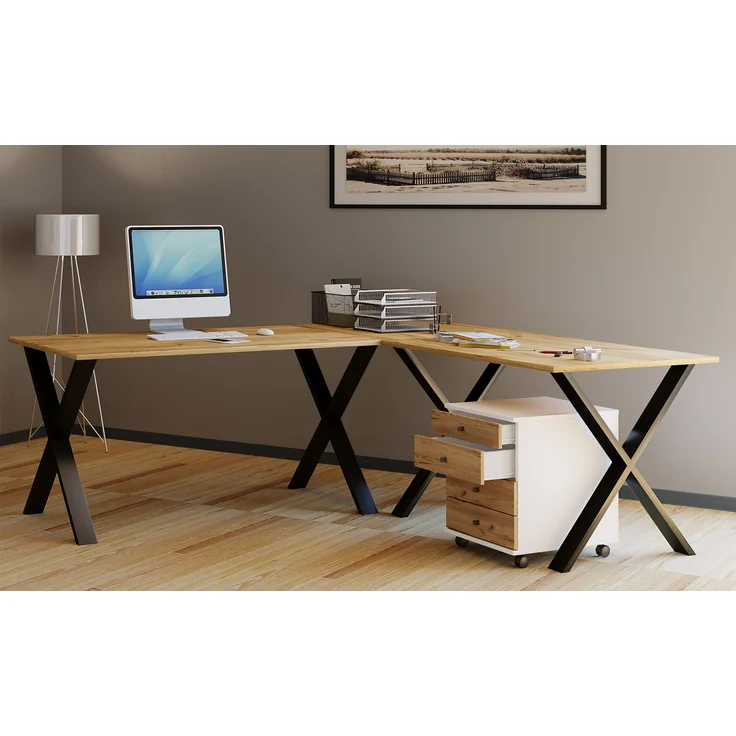 VCM Schreibtisch Lona 919787 Schwarz / Honig-Eiche H. 76 x B. 190 x T. 190 cm – Bild 2