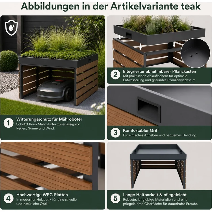 XL Mähroboter-Garage mit Pflanzkasten HWC-Q70, Dach Unterstand für Rasenmäher, WPC Metall 47x72x89cm ~ teak – Bild 2