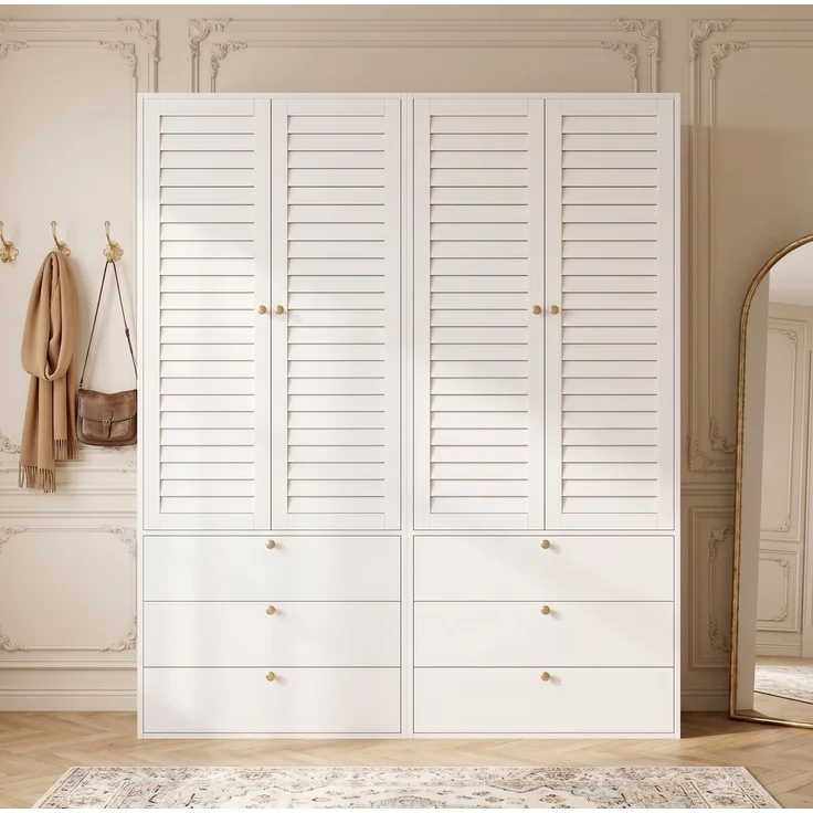 CHICFURN Kleiderschrank 180x200x50 cm mit 4 Lamellentüren, 6 Schubladen und 2 Kleiderstangen Weiß – Bild 1