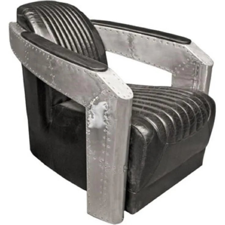 Casa Padrino Art Deco Aluminium Echtleder Sessel Schwarz / Silber 74,5 x 94 x H. 78 cm - Flugzeug Flieger Möbel - Club Sessel - Lounge Sessel