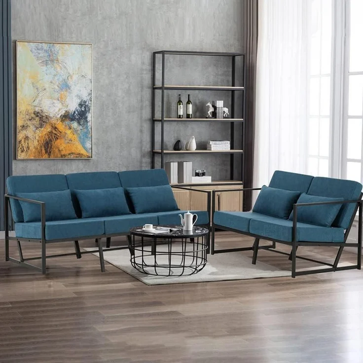 Sessel Cocktailsessel Polstersessel Leinen Eisengestell 1 Sitz Blau – Bild 8