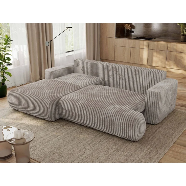Ecksofa OVO mit schlaffunktion und bettkasten, Wellenfeder, lose Kissen, L-form 271x195 cm - Hellbraun Cord - linke Seite – Bild 4