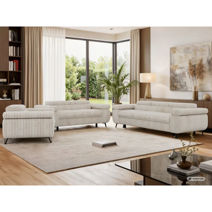 Sofagarnitur PETER 1-2-3 mit Schlaffunktion, verstellbare Kopfstützen, verstellbare Armlehnen, freistehend, Wellenfederung, Polstermöbel-Set, 3-teilig, Couchgarnitur - Beige Cord – Bild 4