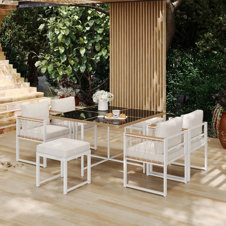 LVHOM 7-tlg. Garten-Essgruppe, Gartenmöbel Set mit Kissen, Gartenlounge-Set Akazie, Sitzgruppe Polyrattan, Loungeset Balkonset für 6 Personen – Bild 4
