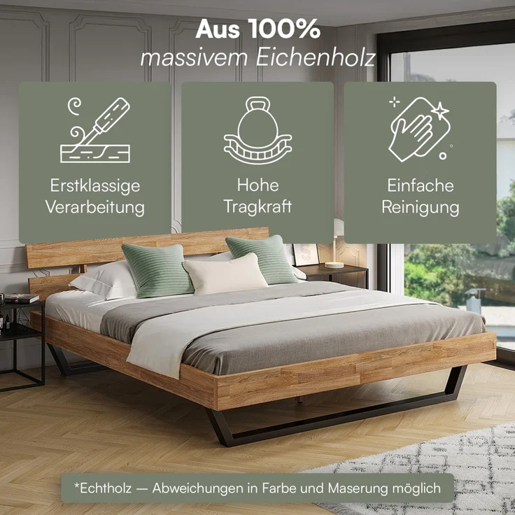 skølm 'Alver' Bett 180x200 cm, Bettgestell, natur geölt, Massivholzbett aus Eiche mit Metallkufen, Doppelbett mit Streben Bettkopf – Bild 3