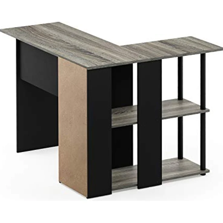 Furinno Abbott L-förmiger Schreibtisch mit Regalen, Holz, Französische Eiche Grau/Schwarz, 87.5 x 104.5 x 73.51 cm – Bild 9
