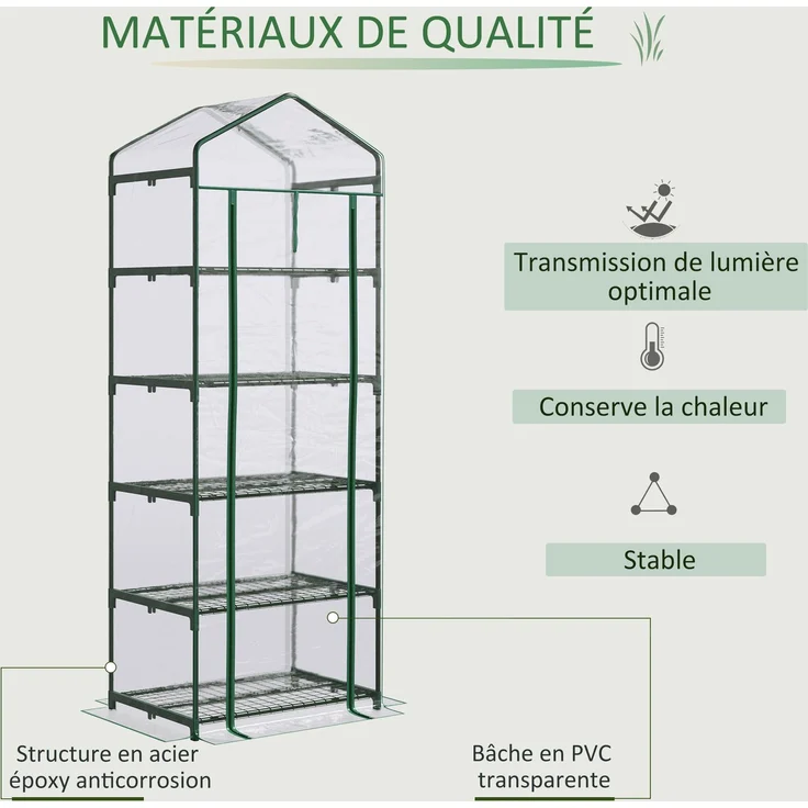 MELAYR, PVC-Gartengewächshaus mit 5 Ablagen, Balkongewächshaus, Verstärkte 135 g/m²-Plane, 70 x 49 x 8,5 cm, Transparent – Bild 6