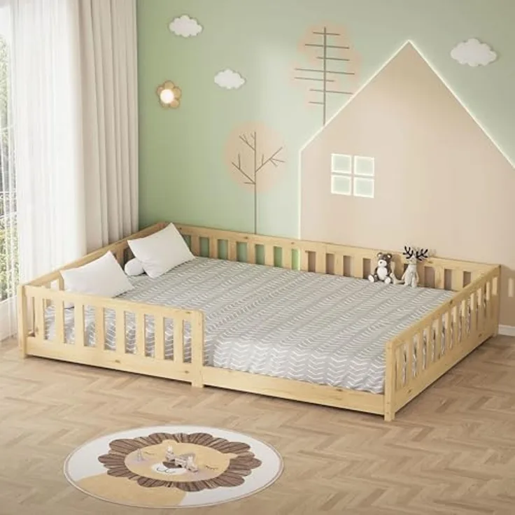 ML-DESIGN Spielbett Bodenbett Holzbett mit Lattenrost & Rausfallschutz Jugendbett Babybett, Abenteuerbett 140x200 cm Natur Kinderbett Bettgestell ohne Matratze