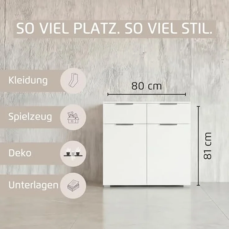 Rauch Möbel Alabama, Kommode für Schlafzimmer, Kinderzimmer, Garderobe, Flur, 2-türig, mit 2 Schubladen, Soft-Close-Funktion, Farbe Weiß, Griff Alufarben, Maße 80 x 81 x 42 cm – Bild 7