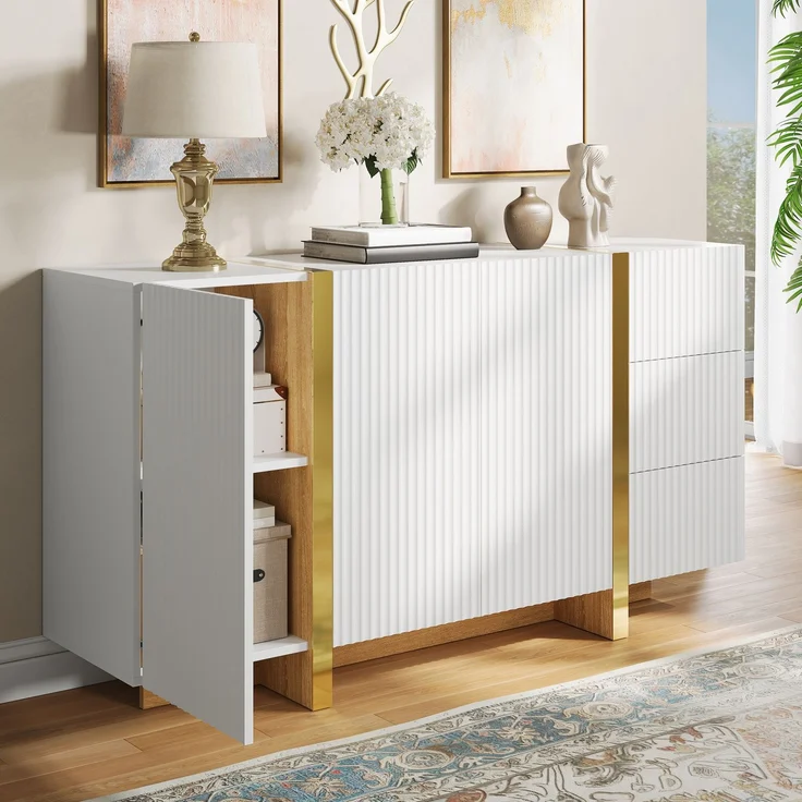 DESVIAE Sideboard Weiß aus MDF/Spanplatte – 140x75x36 cm – 3 Türen, 3 Schubladen – Bild 2