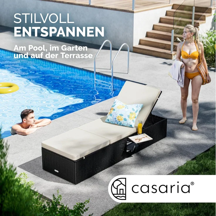Casaria Gartenliege mit Klapptisch, wetterfest, 7-fach höhenverstellbar, Polyrattan schwarz / creme, 200 x 58 x 33 cm – Bild 4