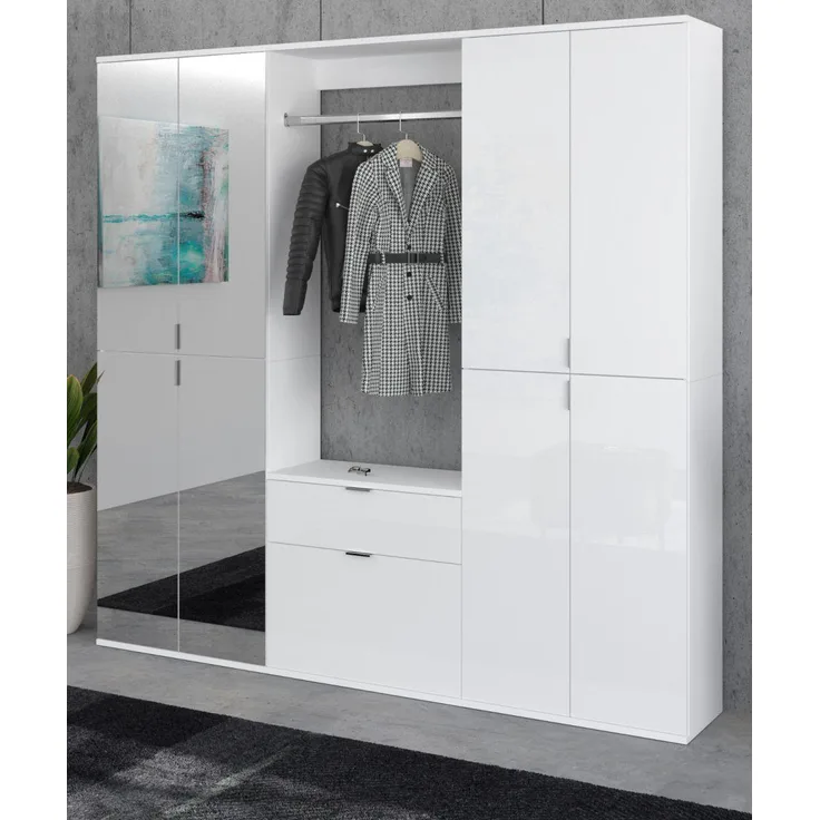 Garderobenschrank mit Spiegel SystemX in weiß Hochglanz 183 x 193 cm