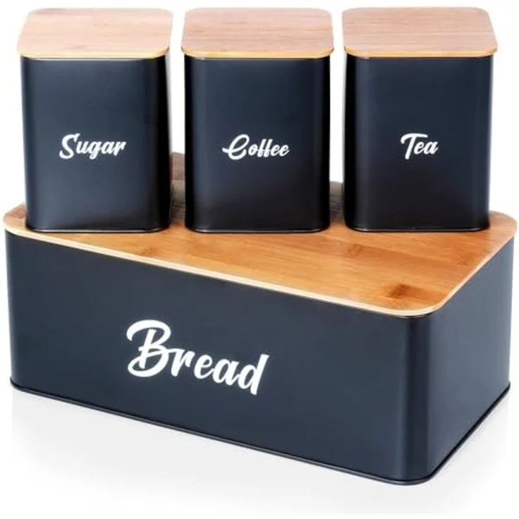 Brotkasten VILDE Set mit Behältern Metall-Bambusplatte schwarz 4-teilig – Bild 2