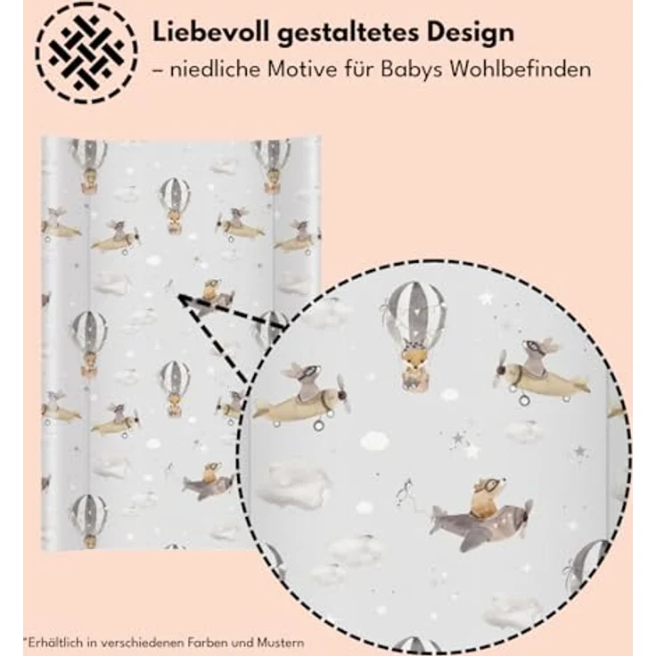 Wickelauflage 70x47 cm, Grau mit Tieren – abwaschbar & weich, profilierte Ränder für mehr Sicherheit – Wickeltischauflage für Wickelkommode – Baby Wickelunterlage mit Komfortfüllung – Bild 3