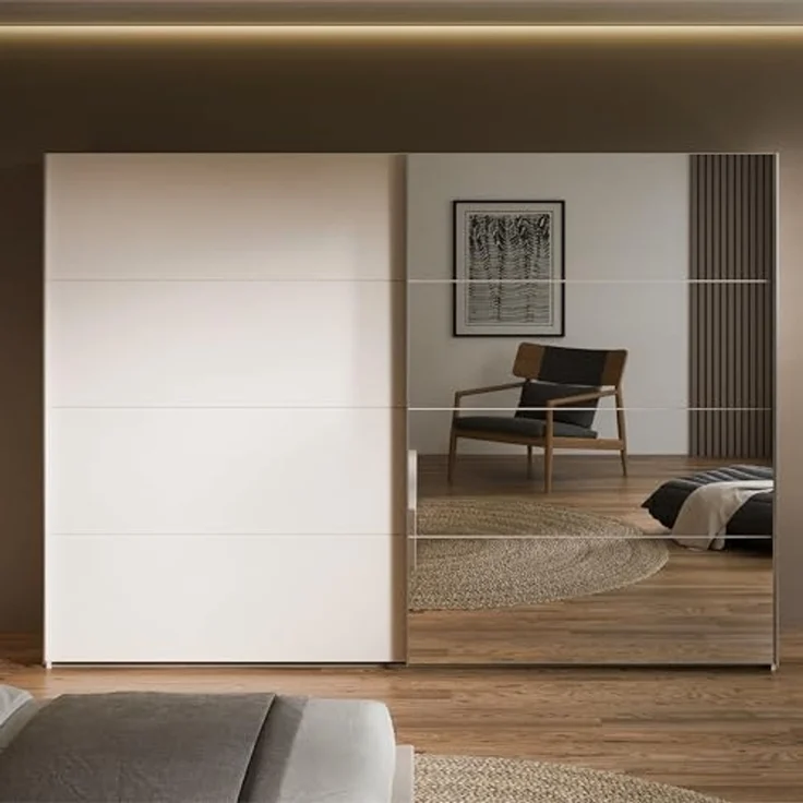 Forte SOPHISTISPACE Kleiderschrank 270, moderner Schwebetürenschrank, 2-türig, Einlegeböden, Kleiderstangen, Spiegel, Holzwerkstoff, Kaschmir|Beige, 269,8 cm breit x 210,5 cm hoch x 62,9 cm tief – Bild 2