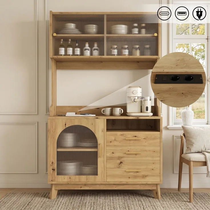 Flieks Küchenbuffet Hochschrank mit Steckdosen, Acryl-Schiebetüren, 3 Schubladen (B100,5xT40xH178 cm, 1-St) Küchenschrank Mehrzweckschrank mit verstellbare Ablagen Natur