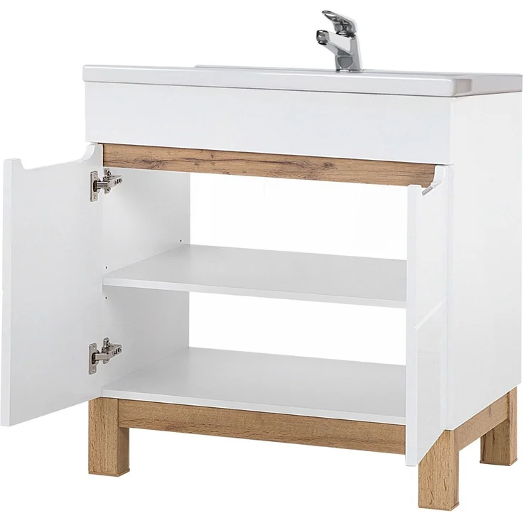 Badezimmermöbel Set mit 80cm Waschtisch & LED-Spiegelschrank SOLNA-56 in Hochglanz weiß, B/H/T ca.: 130/200/46 cm – Bild 3