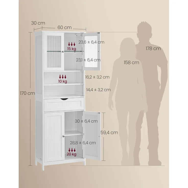 VASAGLE Badezimmerschrank mit LED-Beleuchtung, Badschrank, Aufbewahrungsschrank mit verstellbaren Ablagen, Schublade, offenen Fächern, für Badezimmer, Wohnzimmer, Esszimmer, wolkenweiß BBC767W03 – Bild 5
