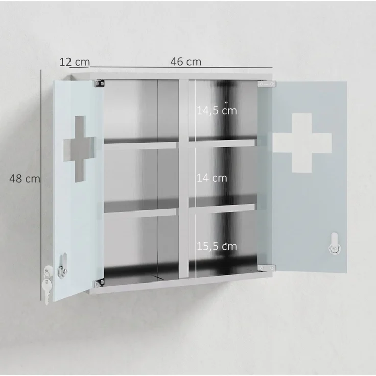 Medizinschrank 48 x 46 x 12 cm mit abschließbaren Milchglastüren und sechs Aufbewahrungszonen – Bild 3