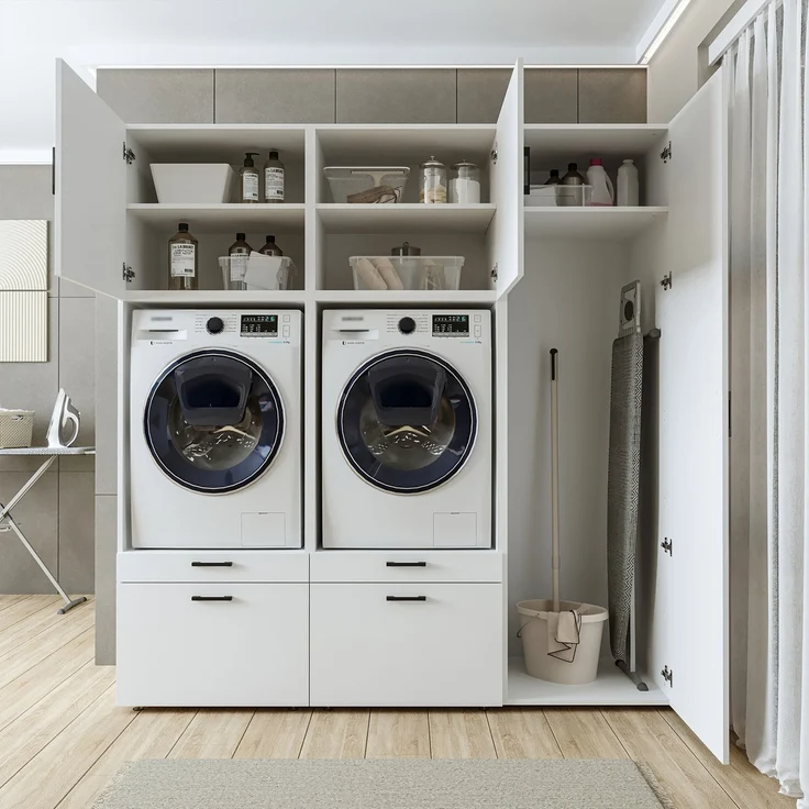 Roomart Waschmaschinenschrank Doppelschrank – SERIE 2 – 194 cm breit, Überbauschrank für Waschküche & Hauswirtschaftsraum – 205 cm hoch – mit Ausziehbrett & Schubladen – • Weiß – Bild 5