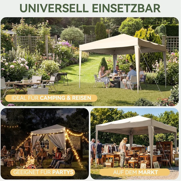 Aoxun Pop Up Pavillon 3x3 Wasserdicht mit 4 Seitenwänden, Metallrahmen-Schutzzelt, Höhe Verstellbar, 3mx3m Faltpavillon mit Tragetasche für Camping Party, Beige – Bild 8