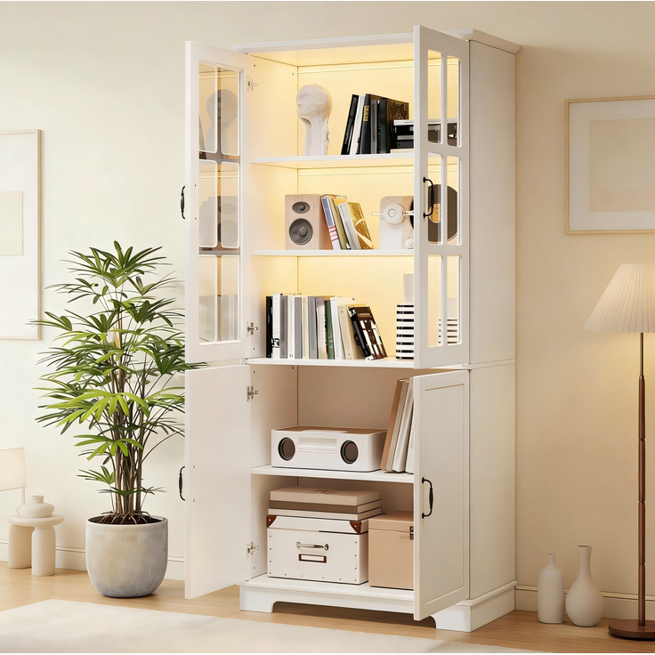 DESVIAE Vitrine mit LED-Beleuchtung und Glastüren 80x180x38 cm Spanplatte Weiß – Bild 3