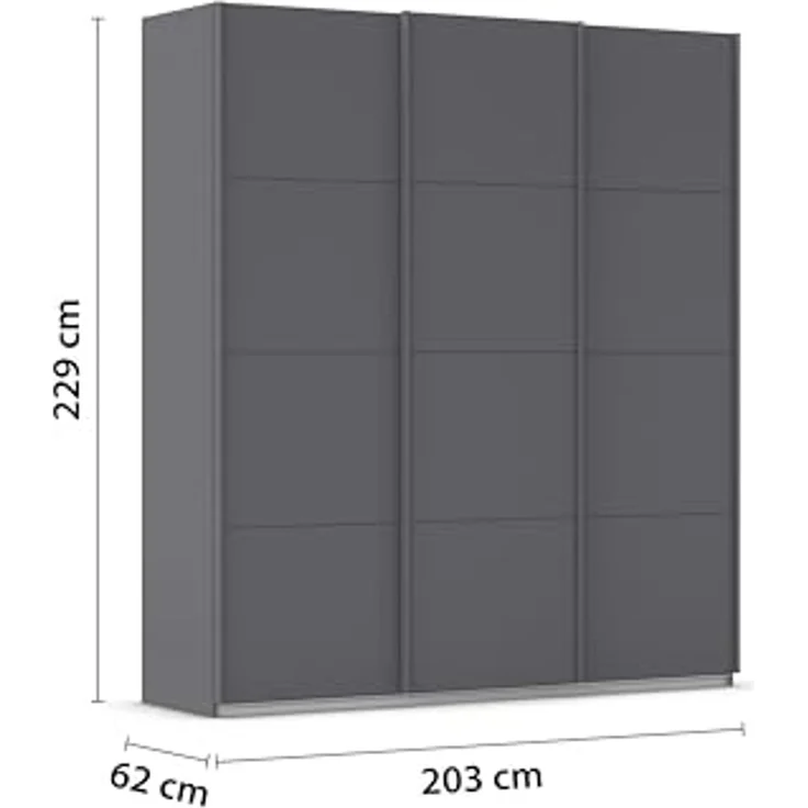 Rauch Möbel Kulmbach, Kleiderschrank mit Schwebetüren für Schlafzimmer, Kinderzimmer, Jugendzimmer, Garderobe, Flur, 3-türig, Zubehör Basic, Farbe Grau metallic, Schwarz, Breite 203 cm – Bild 3