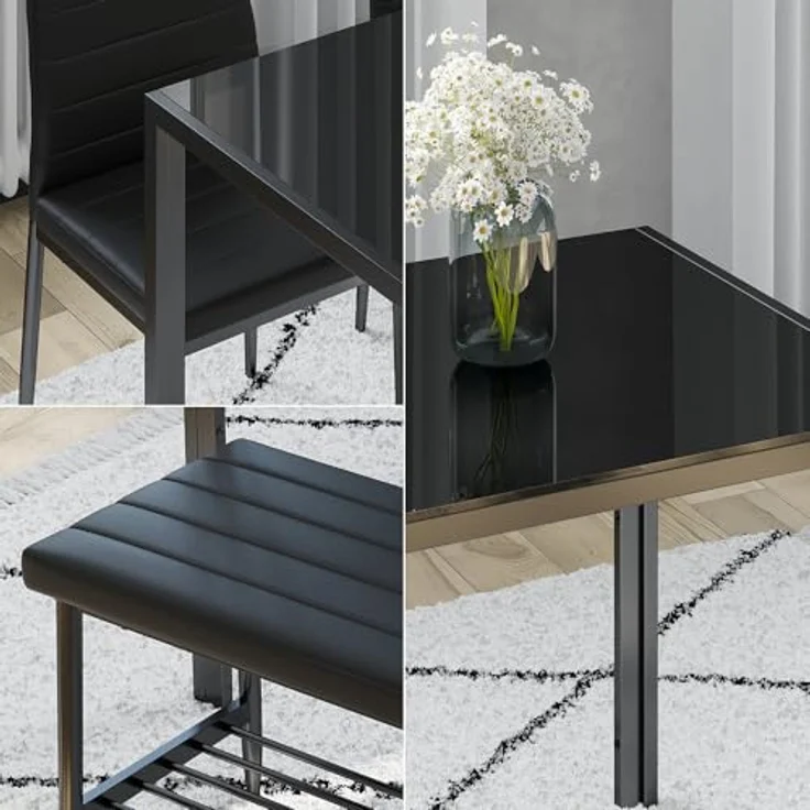 Vicco Esstisch-Set Grand, Schwarz, Rechteckiger Tisch 120x75x70 cm aus Glas und Metall mit Kunstlederbänken und Stühlen – Bild 5
