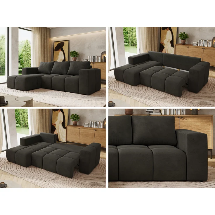 Ecksofa mit Schlaffunktion und Bettkasten, L-form Couch, lose Kissen, Polstersofa - MONIVA - Dunkelgrau Velours - linke Seite – Bild 2