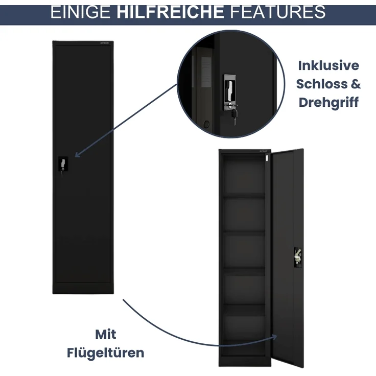Aktenschrank abschließbar KADO - 5 Ebenen verstellbar, Flügeltüren | Metallschrank Werkstatt Mehrzweckschrank Büroschrank aus Stahl Werkzeugschrank, 185x45x40cm Schwarz – Bild 5