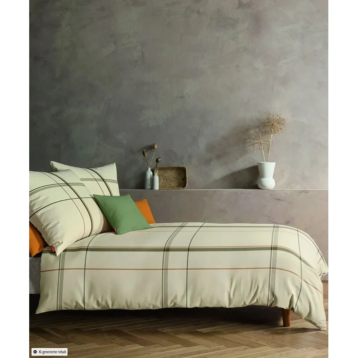 Fleuresse Lech Edelflanell Bettwäsche 155x220 Karo Streifen creme oliv 605081-17 – Bild 1