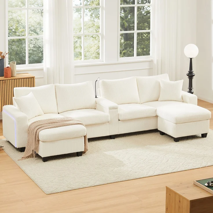 6-Sitzer Wohnlandschaft B 334 x T 128,5 x H 81 cm aus Cord mit USB, Type-C und LED – Bild 2