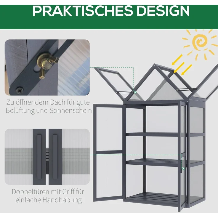 Outsunny Gewächshaus, Tannenholz, Polycarbonat, Grau, 70,5L x 42B x 132H cm – Bild 4