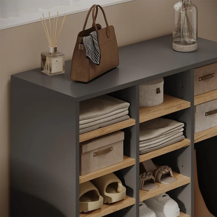 Schuhschrank Lysander Anthrazit/Goldkraft Eiche 78.6 x 65.5 cm mit 12 offenen Fächern Vicco – Bild 4