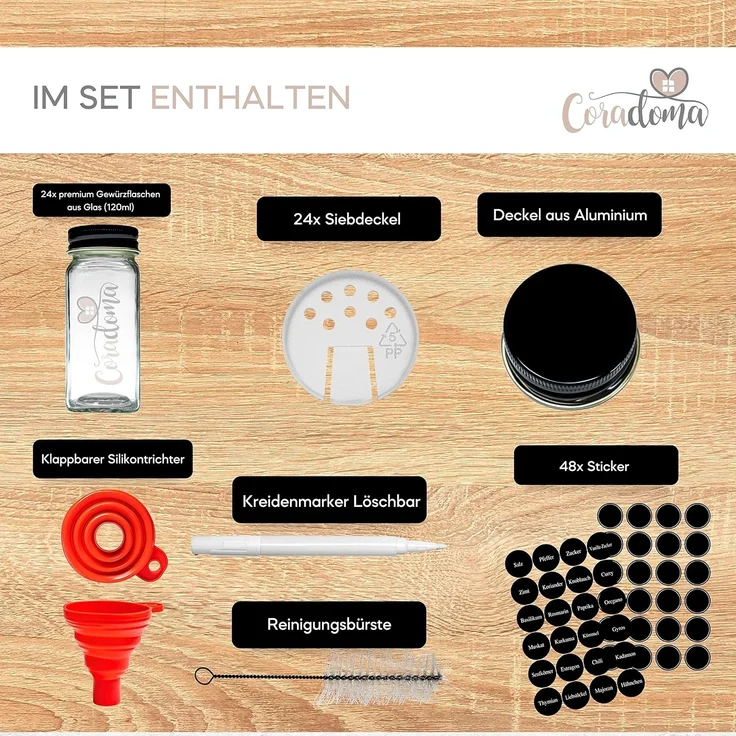 Coradoma Gewürzbehälter Gewürzgläser Set Eckig inkl. Etiketten - Glasbehälter Vorratsdosen, Glas, (24-tlg), mit Reinigungsbürste, Trichter zum Befüllen, Gewürzetiketten – Bild 2