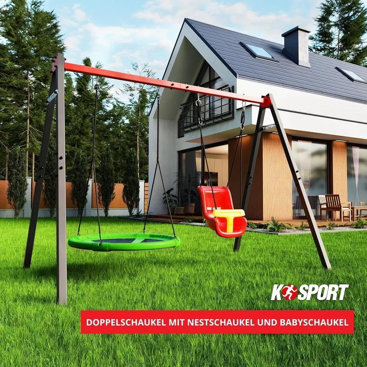 K-Sport Doppelte Kinderschaukel für den Garten mit Nestschaukel und Babyschaukel, aus Stahl, grau – Bild 5