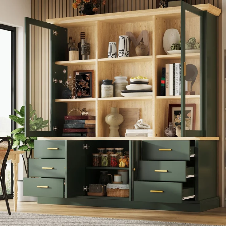 Hochschrank mit Glasvitrinen, 6 Schubladen & verstellbaren Böden, 140x40x185 cm, Grün – Bild 3
